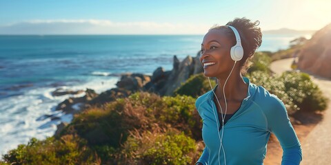 An African woman is running on a beach with headphones on