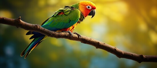 Colorful parrot perched on a tree branch.