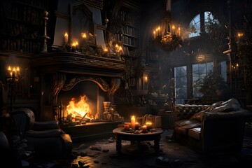 Interior of an old house with a fireplace. 3d rendering