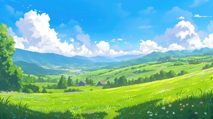 Fototapeta na wymiar Experience the tranquil beauty of Serene Fields a vivid 2d illustration depicting a lush cartoon meadow under clear blue skies with rolling hills
