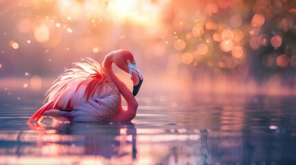 beautiful pink flamingo on a lake with blurred background style wallpaper in high resolution and high quality HD - obrazy, fototapety, plakaty