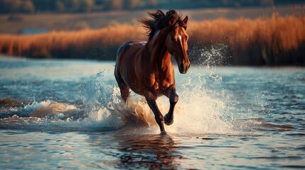 Runnning horse across the river, Amazing view.

 - obrazy, fototapety, plakaty