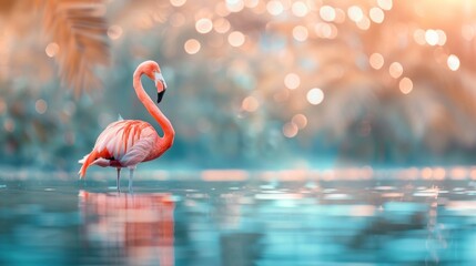 Beautiful pink flamingo on a lake with blurred background wallpaper style in high resolution and high quality. animal concept, backgrounds - obrazy, fototapety, plakaty