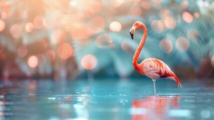 Beautiful pink flamingo on a lake with blurred background wallpaper style in high resolution and high quality. animal concept, backgrounds, wallpapers - obrazy, fototapety, plakaty