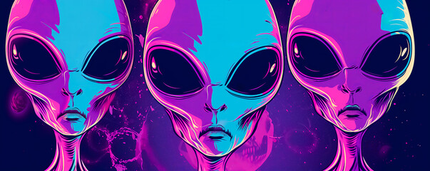 3 têtes d'aliens roses et bleues sur un fond sombre au format panoramique