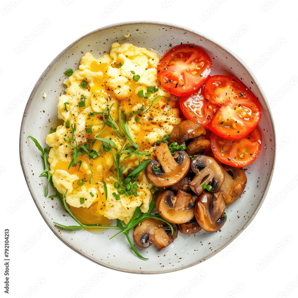 Wall mural Breakfast Plate of Scrambled Eggs with Sautéed Mushrooms and Tomatoes and Isolated on a Transparent Background