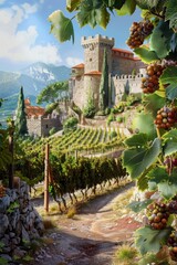 Fototapeta na wymiar vineyards against the backdrop of a medieval castle Generative AI