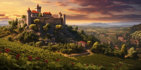 vineyards against the backdrop of a medieval castle Generative AI - obrazy, fototapety, plakaty