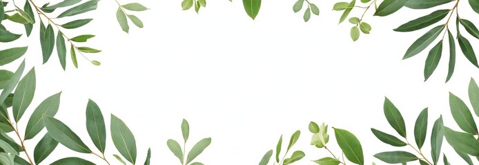 Naklejka premium Frame of eucalyptus branches, green leaves on a white background, Concept for cards, greeting cards, invitations. wide banner panoramic. top view, copy space