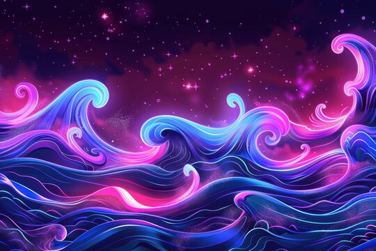 neon purple and blue waves with glowing stars, pink flames in the background Generative AI