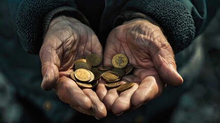 Senior man's hands with coins. Poverty and unemployement concept.

 - obrazy, fototapety, plakaty