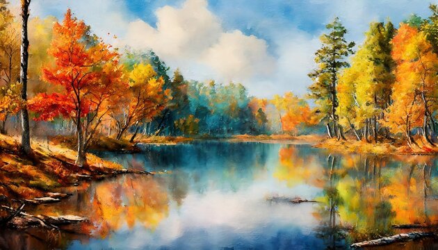 An artistic painting of autumn with trees and a lake in watercolor