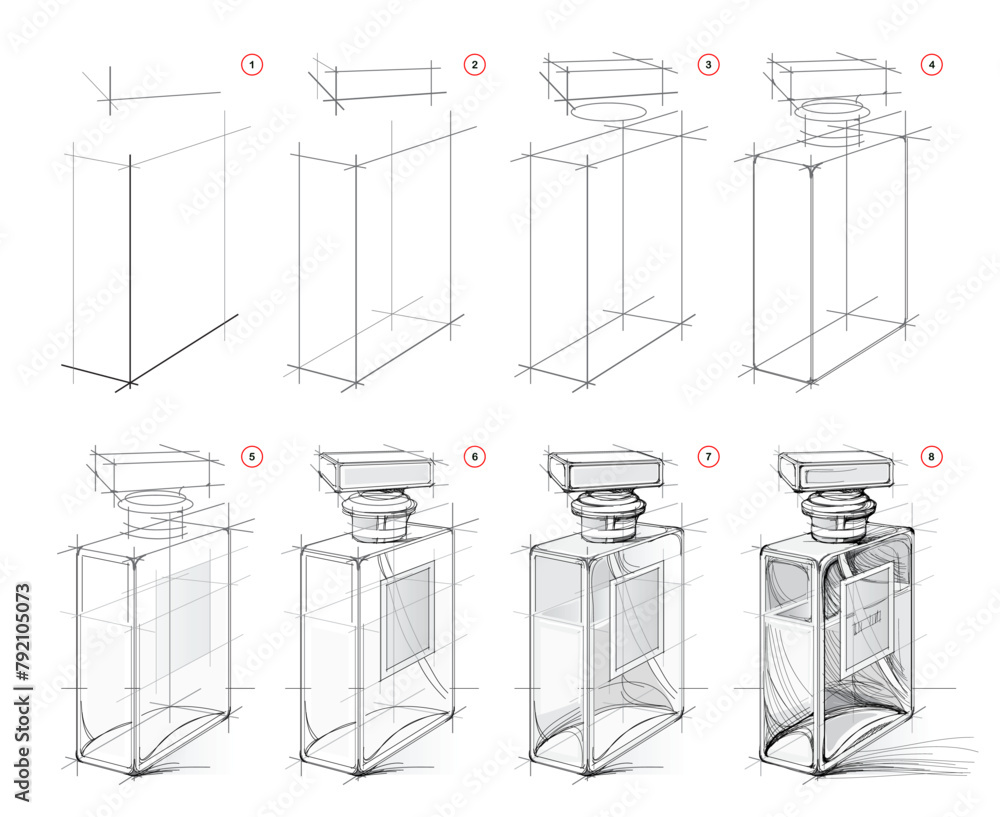 Wall mural page shows how to learn to draw from life sketch of a perfume bottle. pencil drawing lessons. educat