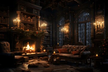 3d illustration of a medieval castle interior with a fireplace, books, furniture and decorations