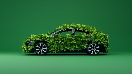 Isolated car formed by green leaves and branches on a green background. Car ecology concept.