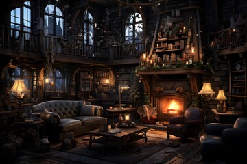 3D rendering of a fairy-tale interior with a fireplace.