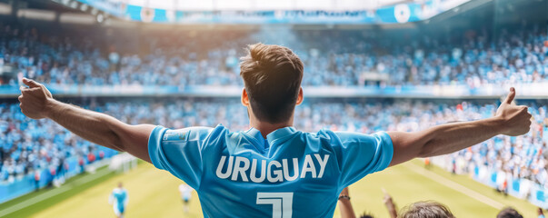 Uruguayan football soccer fans in a stadium supporting the national team, view from behind, La Celeste
 - obrazy, fototapety, plakaty