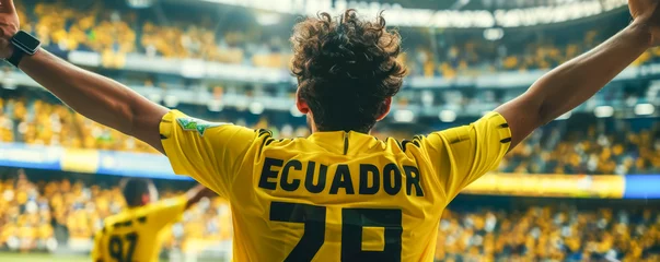 Foto op Canvas Ecuadorian football soccer fans in a stadium supporting the national team, view from behind, Los Tricolores  © Pixelmagic