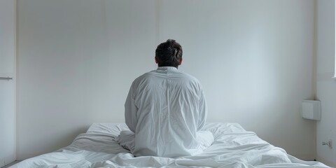 A crazy man in a straitjacket sits on a bed with his back to the viewer. White walls and white bed linen in a hospital room.