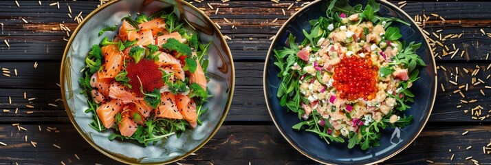 Meat Salads on Village Background, Olivie or Olivier Salmon Salad with Red Caviar, Caesar Salad