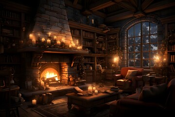 3d illustration of a cozy living room with fireplace and christmas tree - obrazy, fototapety, plakaty