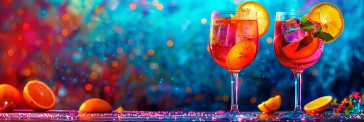 Aperol Spritz Cocktail on Neon Background, Tropical Mocktail, Beach Party Aperol Spritz Coctail