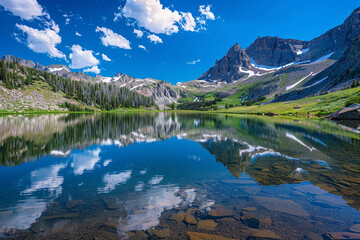 Pristine mountain lake reflecting the deep blue sky and surrounding peaks