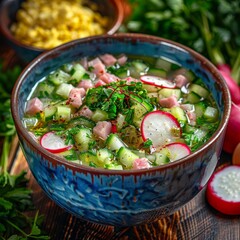 Traditional Okroshka, Summer Cold Soup Made of Diced Cucumbers, Radishes, Spring Onions - obrazy, fototapety, plakaty