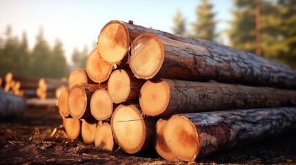 Lumber in the forest, cut wooden logs in the stack. Logging, harvesting wood for fuel and firewood.