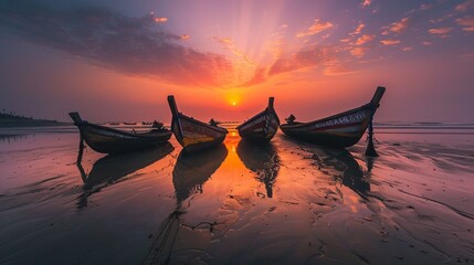 Silhouette of boats moored on beach against sky during sunset,Bangladesh.


