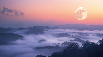 Misty forest landscape at night with the moon in the sky