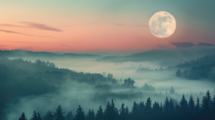 Misty forest landscape at night with the moon in the sky