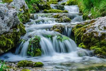 Pristine mountain stream cascading over mossy rocks