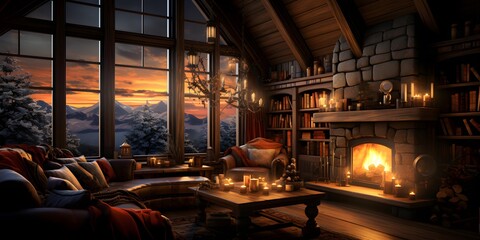 Fototapeta na wymiar Cozy house with fireplace and armchairs in the evening, panorama