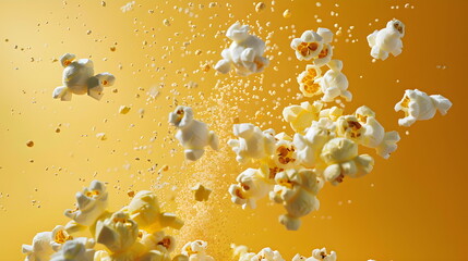 Popcorn on a simple bright yellow background. Realistic background with flying exploding popcorn cornflakes, movie snack advertisement, food concept for 3D parties, falling popcorn horizontal 