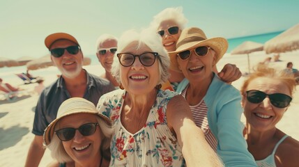 group of smiling senior pensioners having fun at a beach looking at the camera laughing