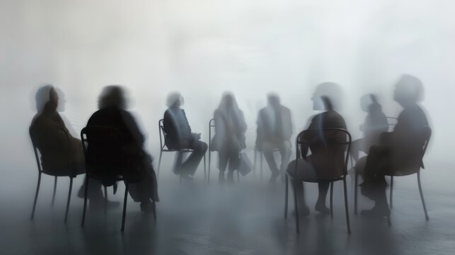 a long exposure photograph of Elderly people sit on chairs in a circle and talk. Alcoholics Anonymous meeting, motion blur