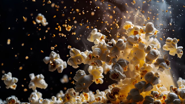 Flying popcorn on a dark black background. Realistic background with flying exploding popcorn corn kernels, movie snack advertisement, 3D party food concept, falling popcorn horizontal background