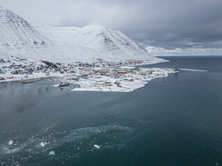 Aerial view of town of Siglufjordur in north Iceland