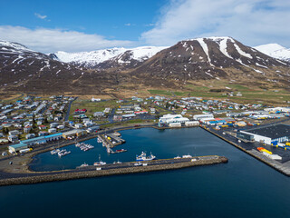 Aerial view of town of Dalvik in north Iceland