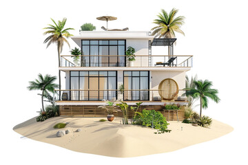 Quaint beach house with a rooftop terrace and breathtaking views of the coastline, isolated on solid white background.