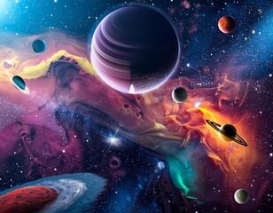 outer space; style encaustic ,semitransparent