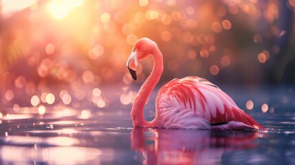 beautiful pink flamingo in a lake with pink bokeh effect background in high resolution - obrazy, fototapety, plakaty