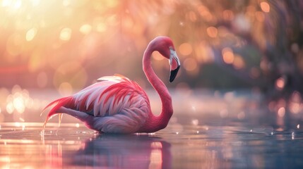 beautiful pink flamingo in a lake with pink bokeh effect background in high resolution and high quality