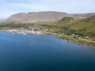 Obraz premium Aerial view of town of Talknafjordur in the Icelandic westfjords
