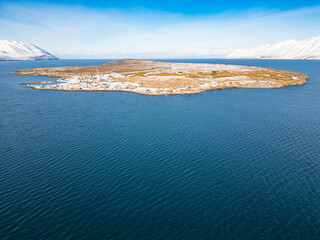 aerial photo of island of Hrisey in Iceland on winter day