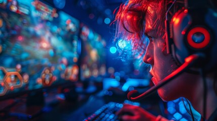 Gamer in red and blue lighting playing an intense game