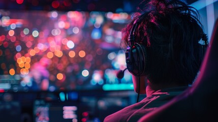 Gamer playing video games at night in a dark room with colorful lights reflecting off his face and headset. - obrazy, fototapety, plakaty