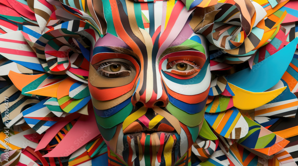 Poster a person created entirely from colored paper, featuring a distinct face and unique characteristics