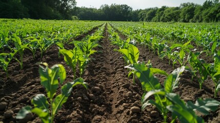 Fototapeta na wymiar Rows of young green corn plants growing in a field